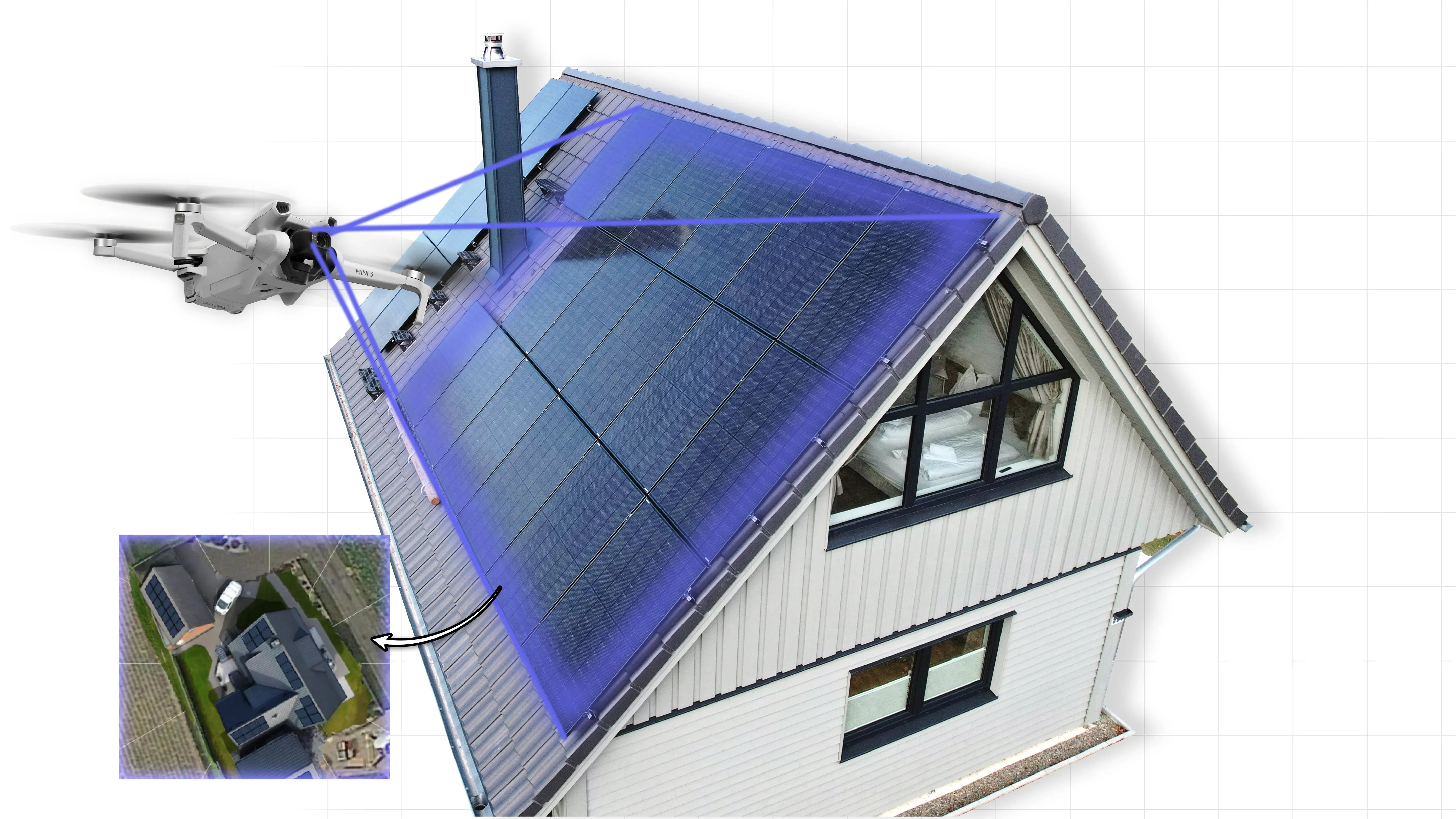 Drohne vermisst Hausdach mit Solarmodulen für die Photovoltaik-Planung und 3D-Dachanalyse