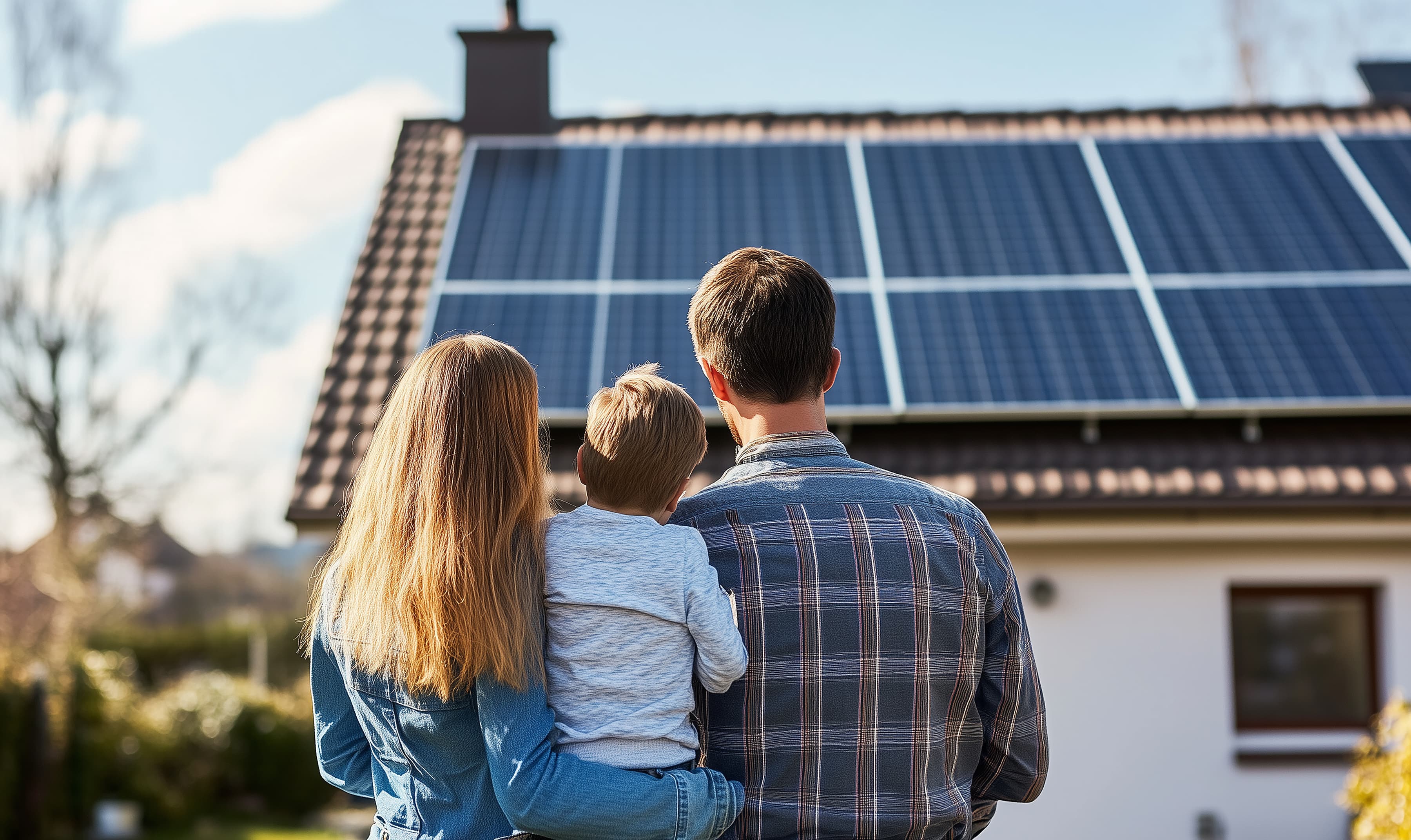Familie betrachtet ihre neue Photovoltaikanlage auf dem Dach ihres Einfamilienhauses