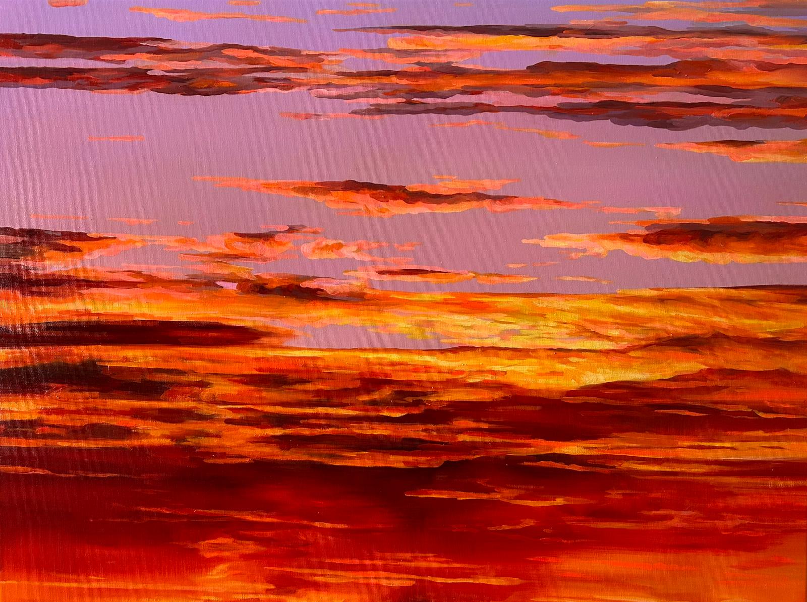 Abstraktes Sonnenuntergang-Gemaelde mit roten und orangefarbenen Wolken am Himmel als Wandbild